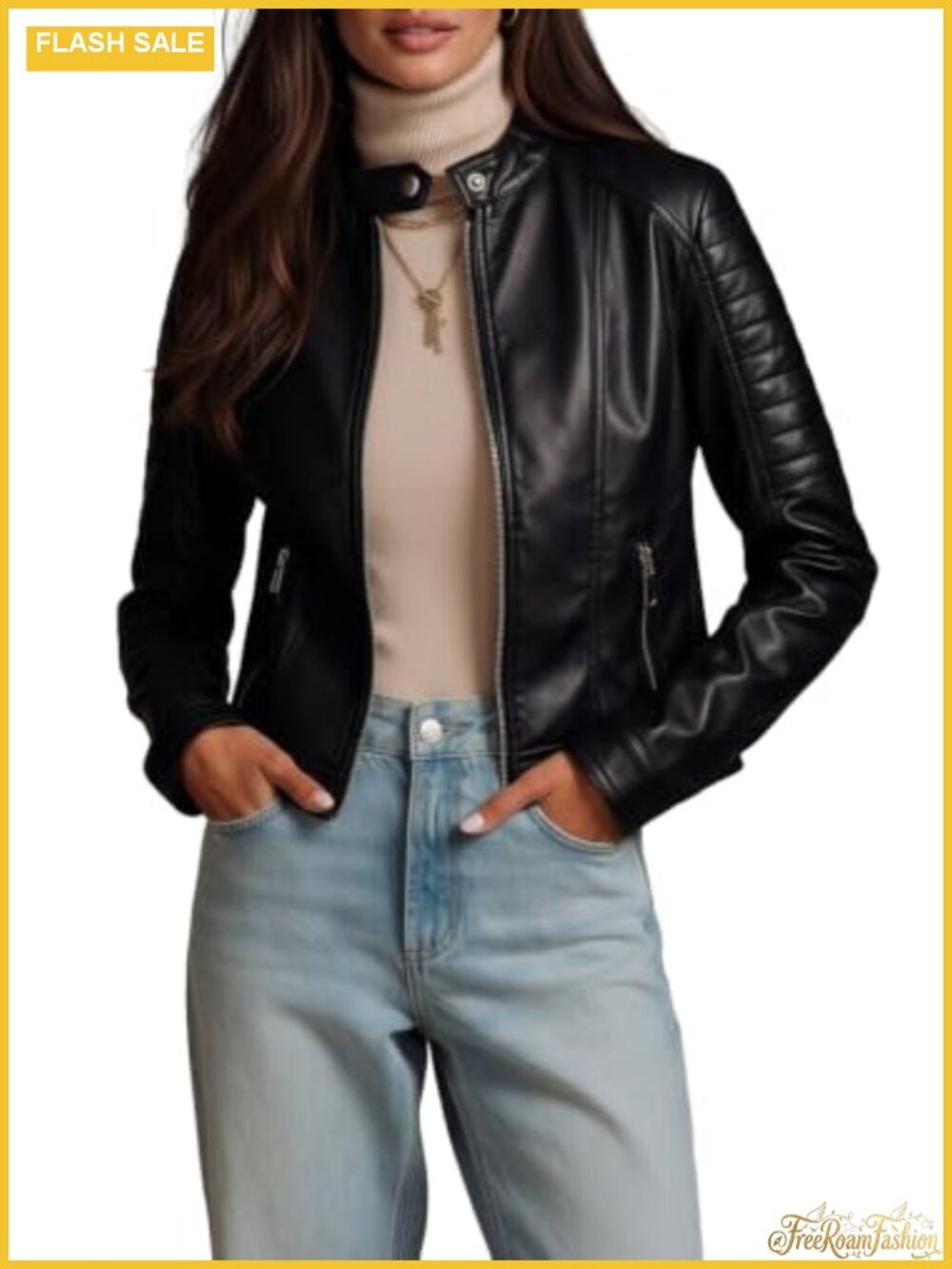 Faux Leather Motorcycle Jacket Stand Collar Full Zip Lightweight Slim Fit